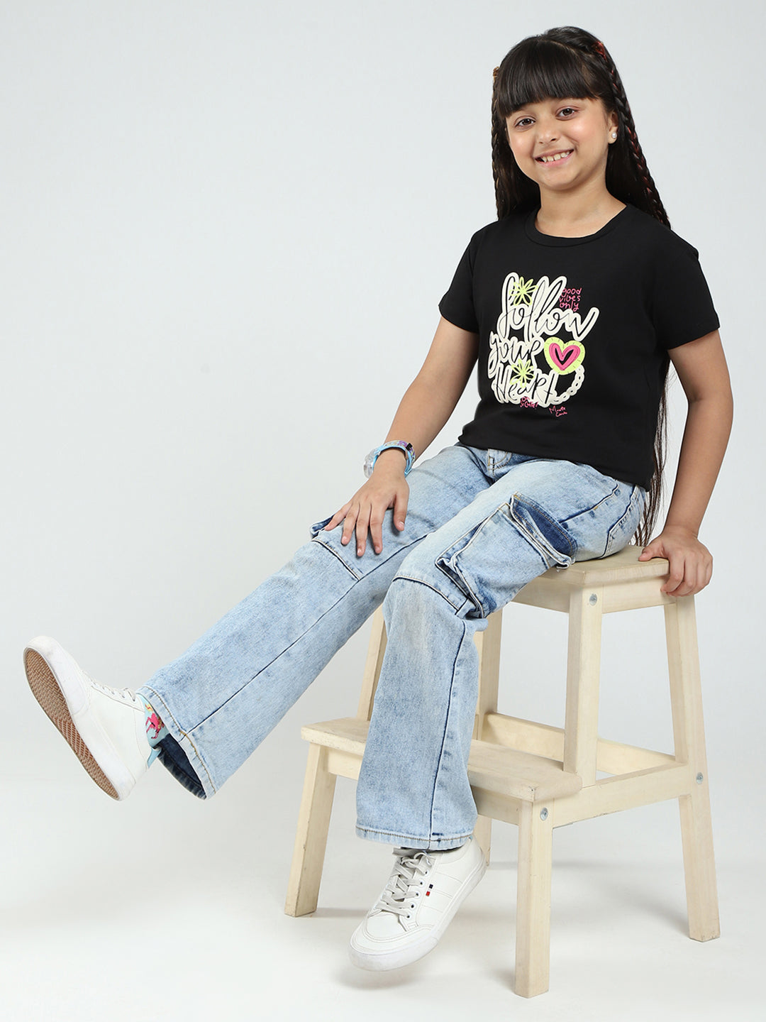 Girls Blue & Black Printed Round Neck Half Sleeve Top 2Pc Set