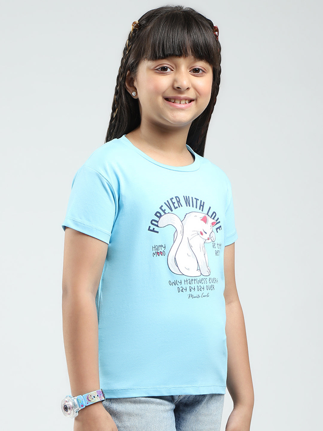 Girls Blue & Black Printed Round Neck Half Sleeve Top 2Pc Set