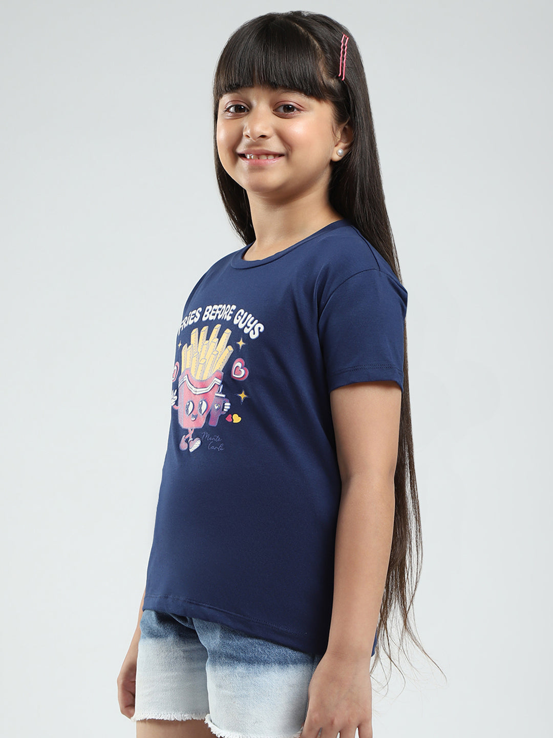 Girls Navy Blue & Pink Printed Round Neck Half Sleeve Top 2Pc Set