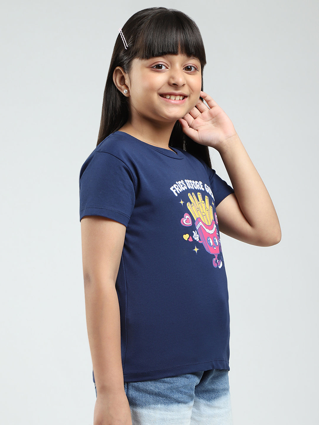 Girls Navy Blue & Pink Printed Round Neck Half Sleeve Top 2Pc Set