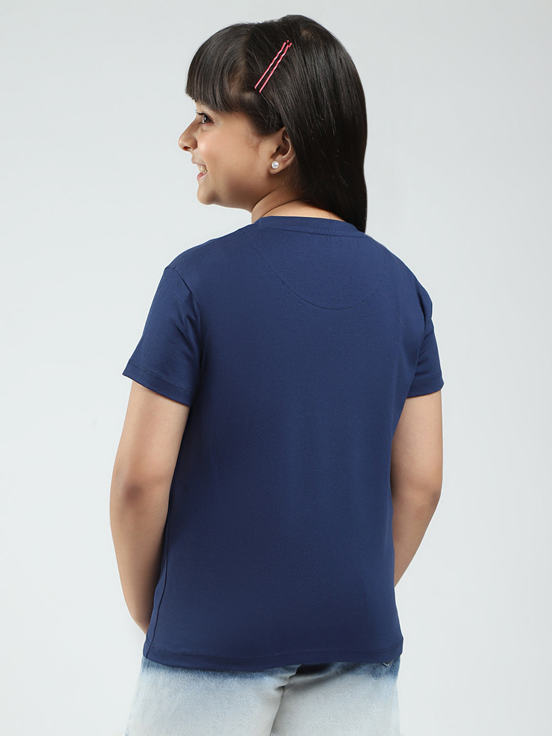 Girls Navy Blue & Pink Printed Round Neck Half Sleeve Top 2Pc Set