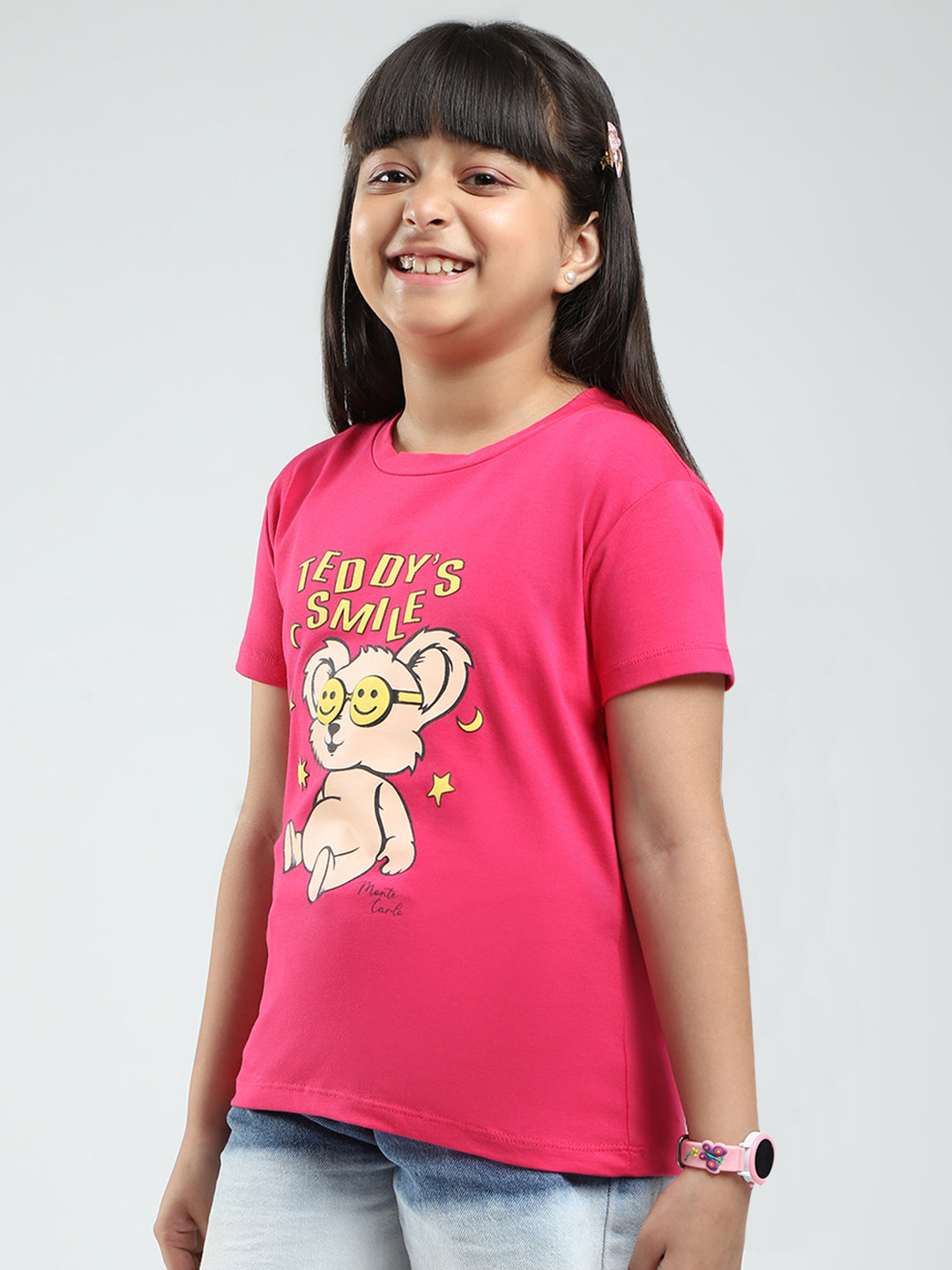 Girls Navy Blue & Pink Printed Round Neck Half Sleeve Top 2Pc Set