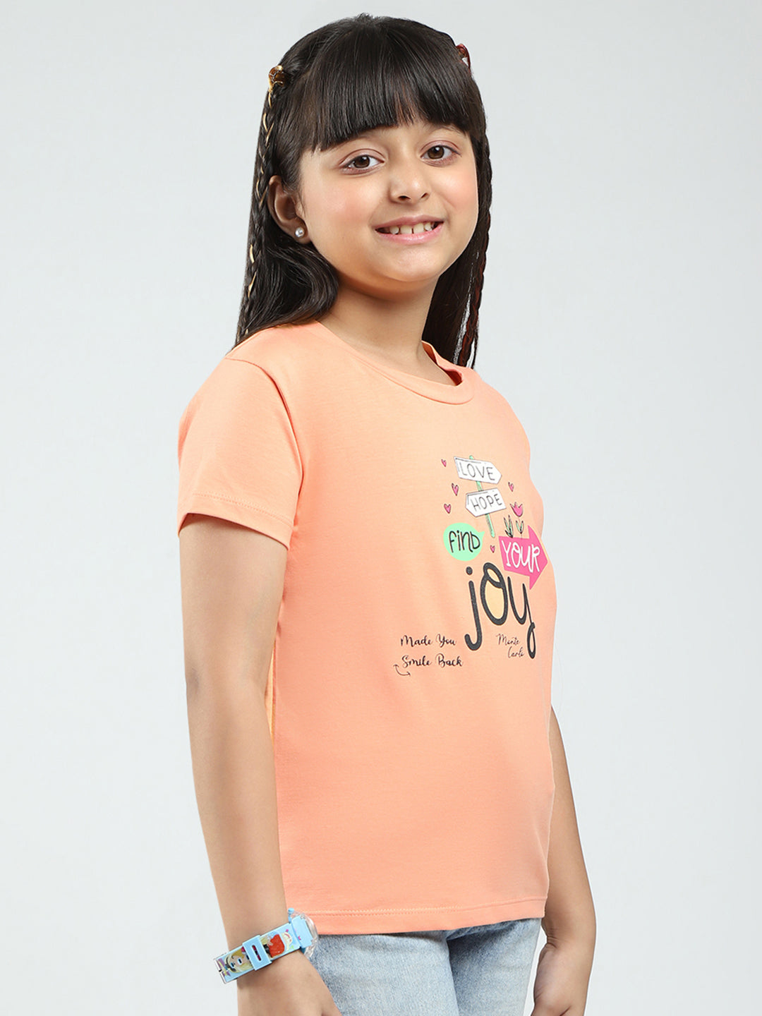 Girls Pink & Peach Printed Round Neck Half Sleeve Top 2Pc Set