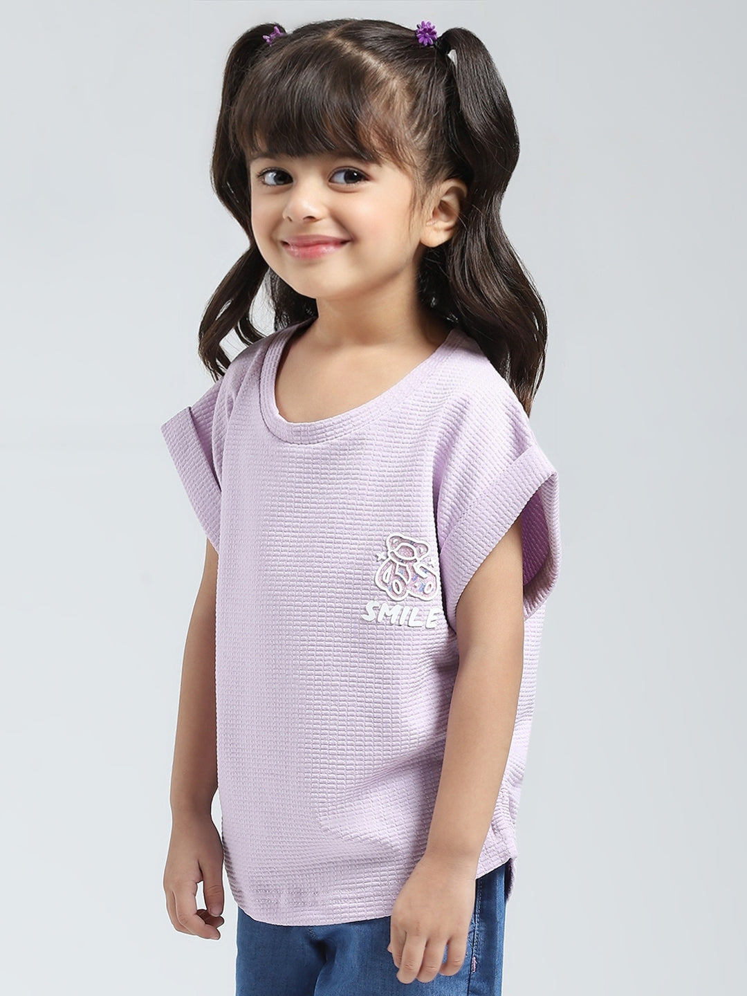 Girls Purple Solid Round Neck Half Sleeve Top