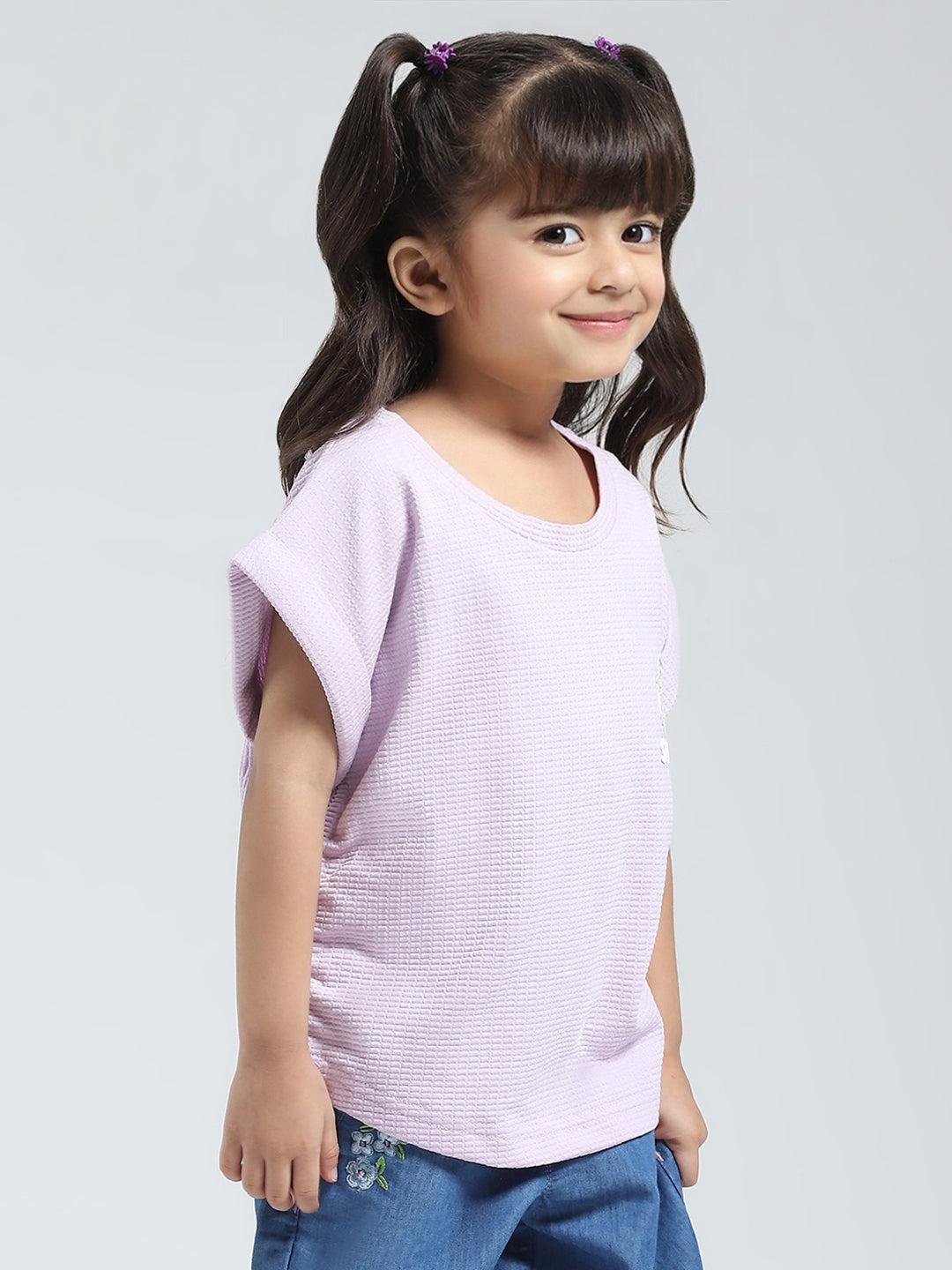 Girls Purple Solid Round Neck Half Sleeve Top