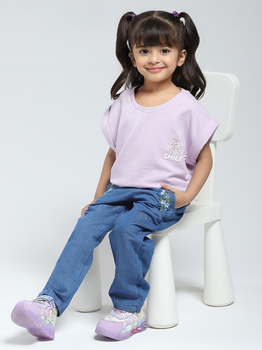 Girls Purple Solid Round Neck Half Sleeve Top