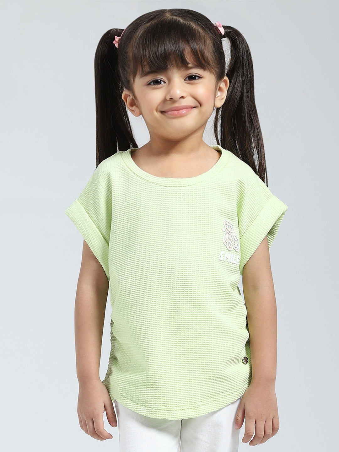 Girls Green Solid Round Neck Half Sleeve Top
