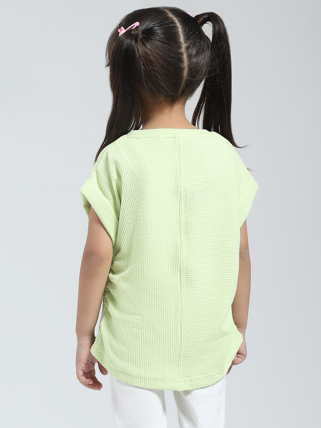 Girls Green Solid Round Neck Half Sleeve Top