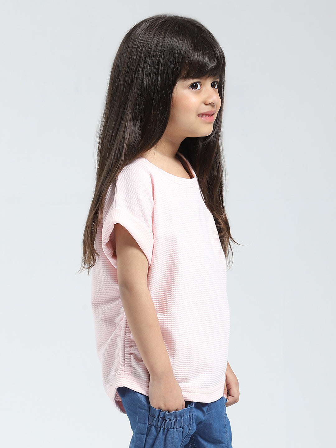 Girls Pink Solid Round Neck Half Sleeve Top