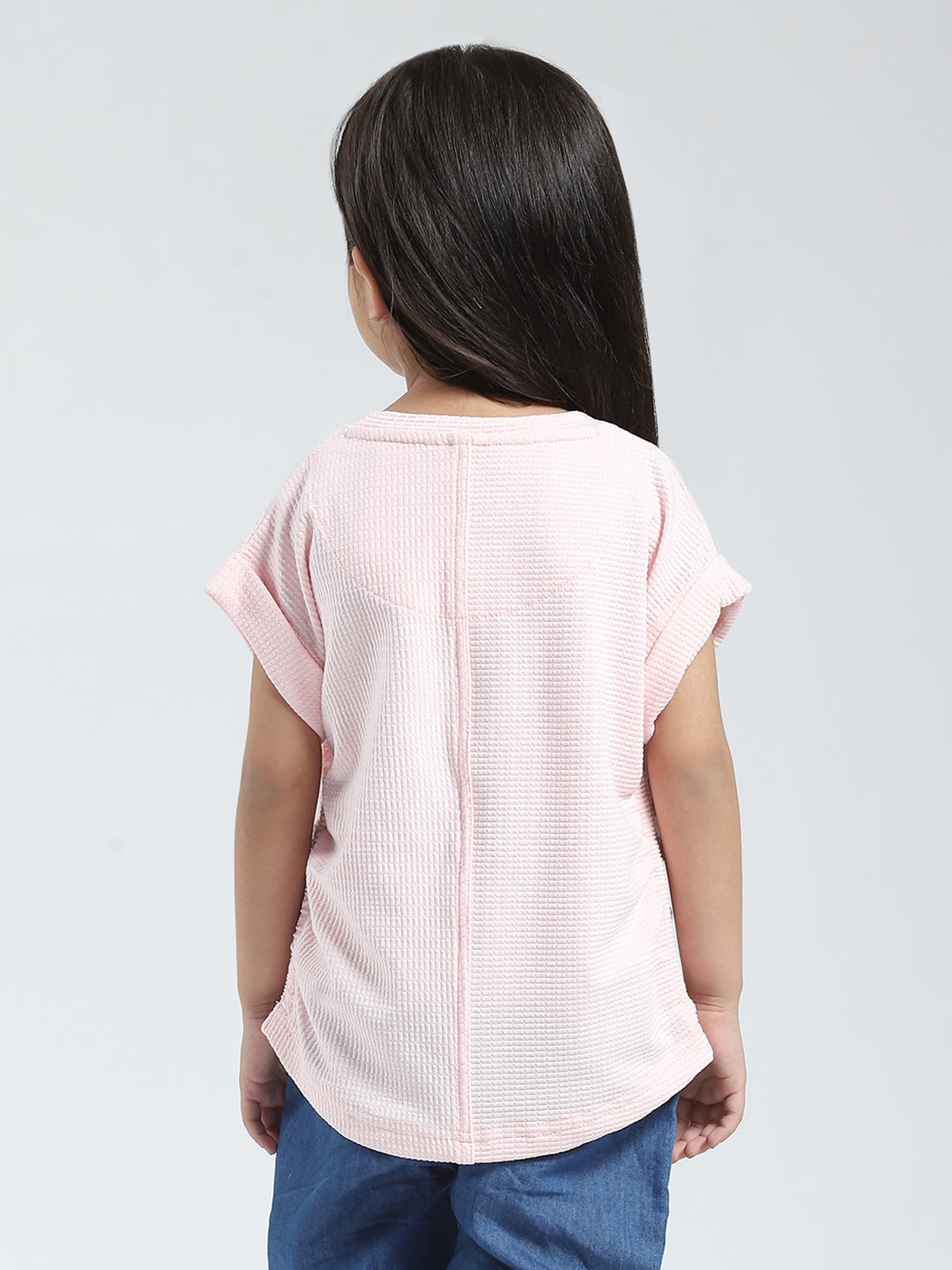 Girls Pink Solid Round Neck Half Sleeve Top
