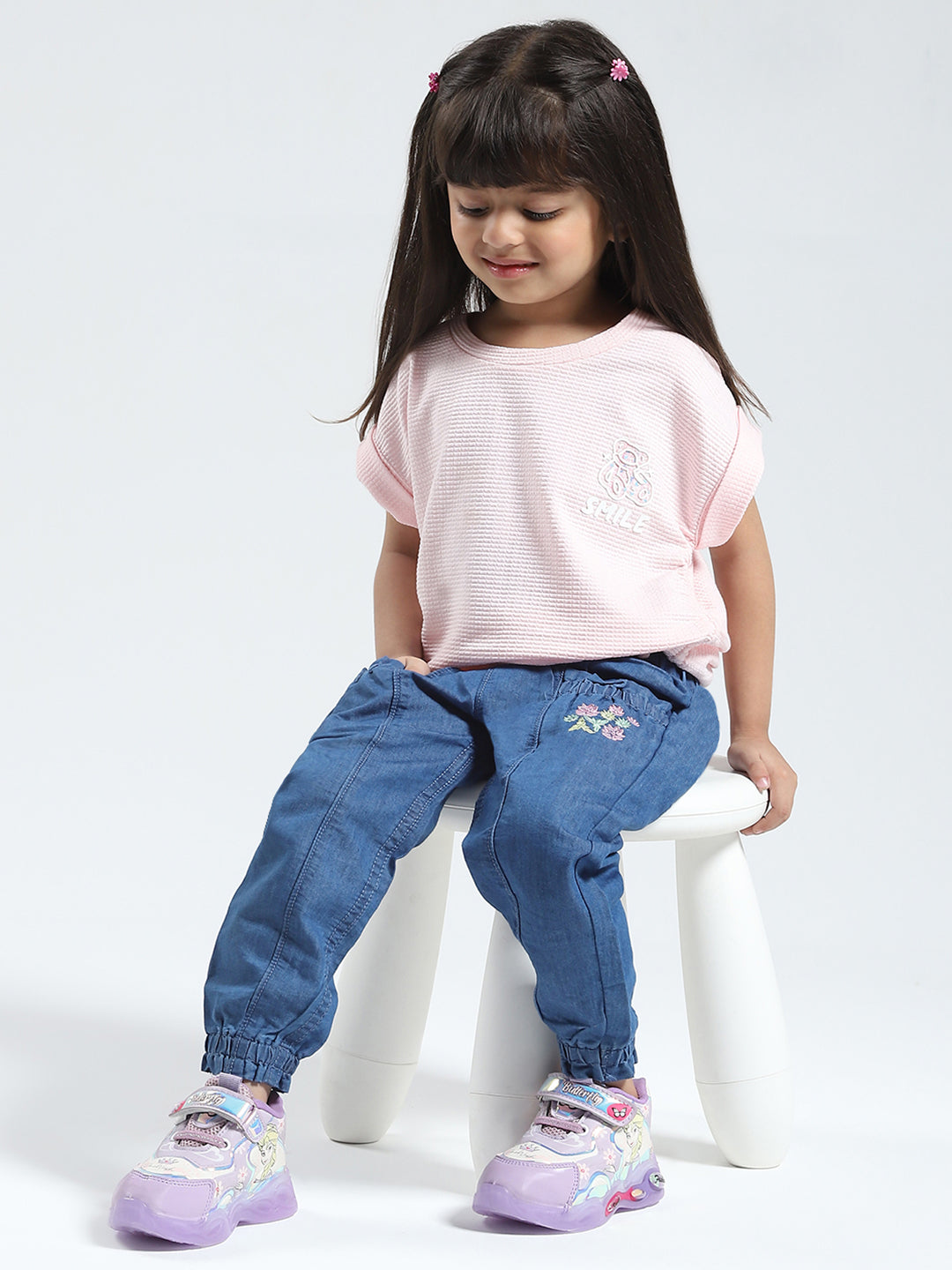 Girls Pink Solid Round Neck Half Sleeve Top