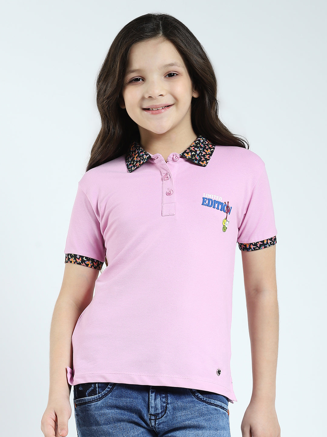 Girls Purple Solid Collar Half Sleeve T-Shirt