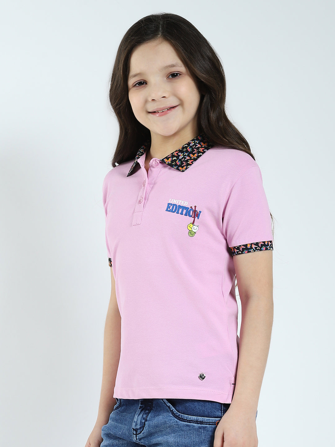Girls Purple Solid Collar Half Sleeve T-Shirt