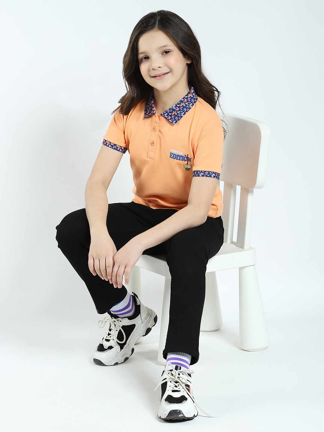 Girls Peach Solid Collar Half Sleeve T-Shirt