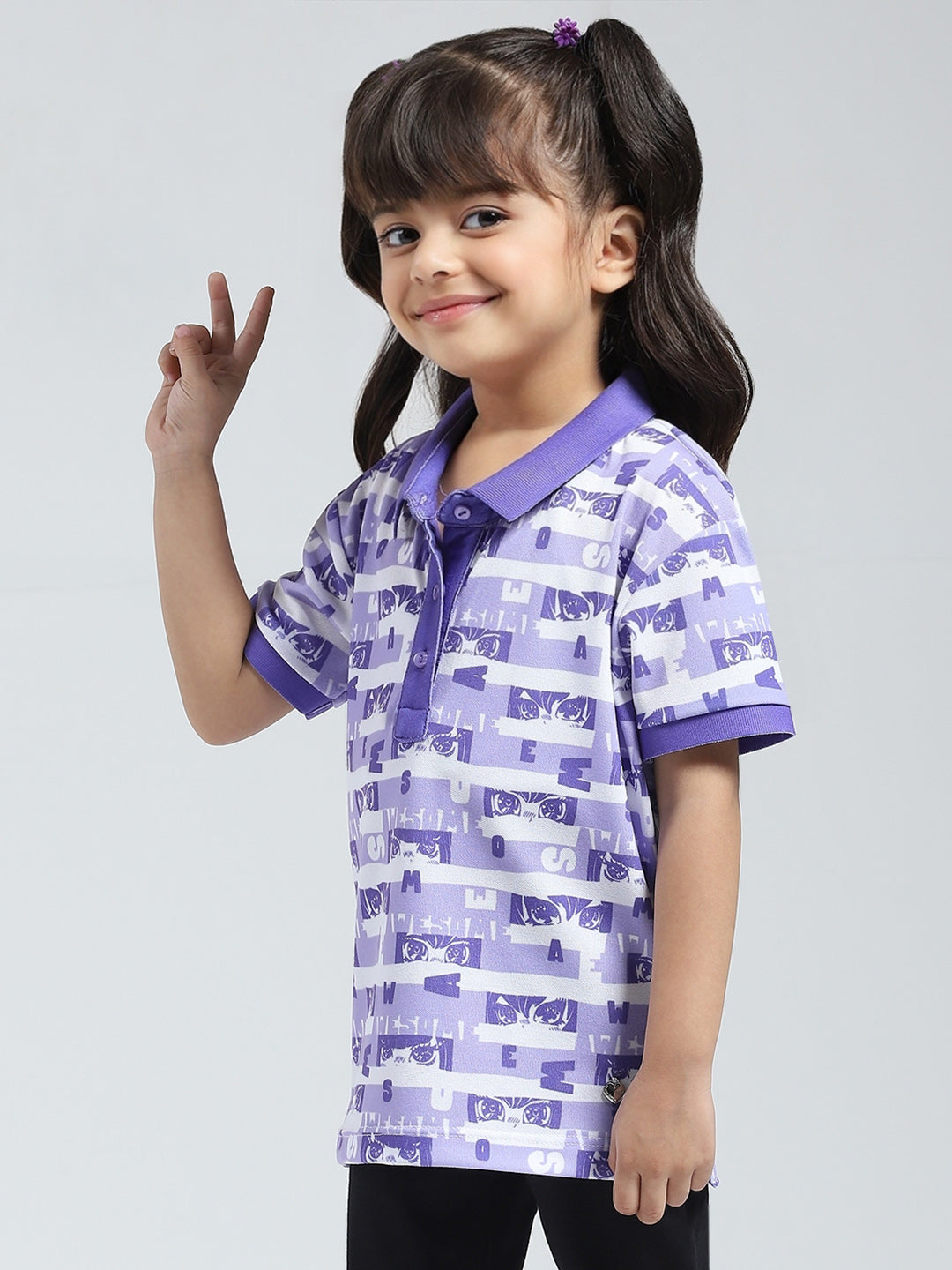 Girls Purple Printed Collar Half Sleeve T-Shirt