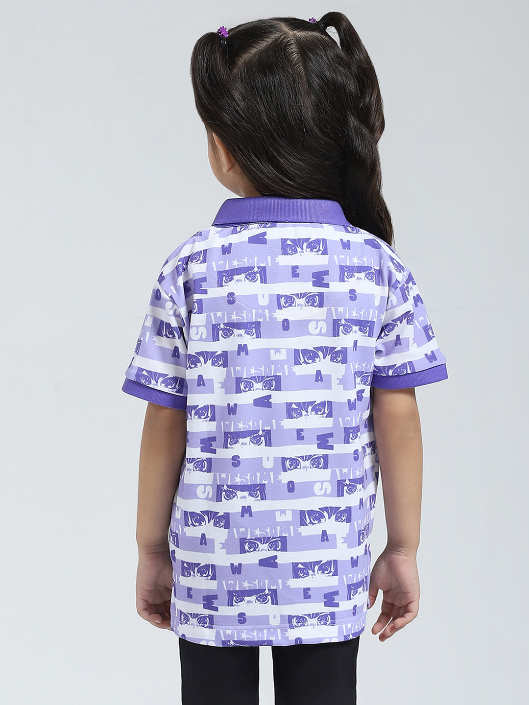 Girls Purple Printed Collar Half Sleeve T-Shirt