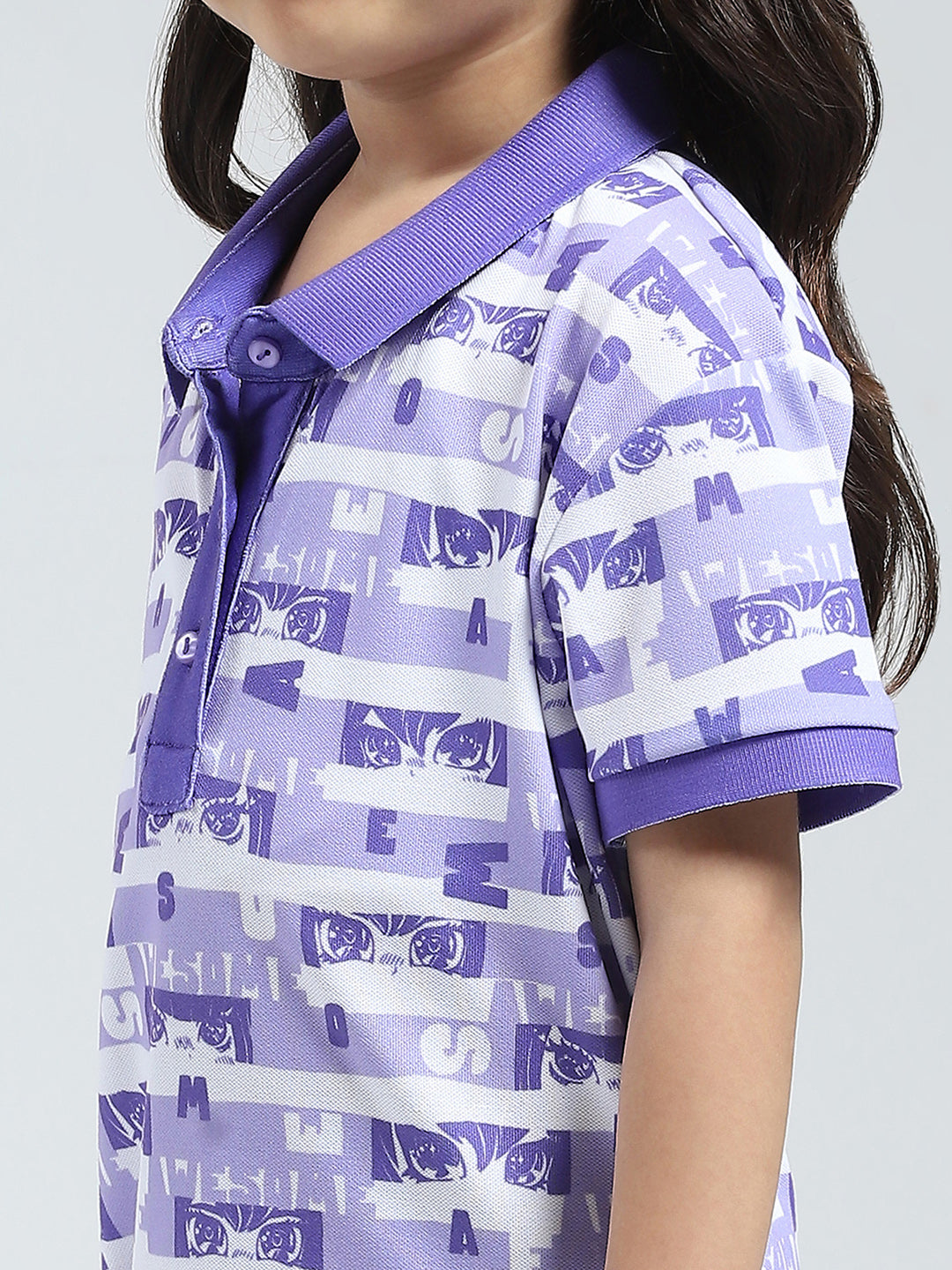 Girls Purple Printed Collar Half Sleeve T-Shirt