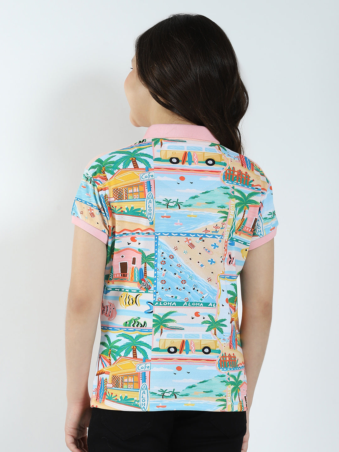 Girls Peach Printed Collar Half Sleeve T-Shirt