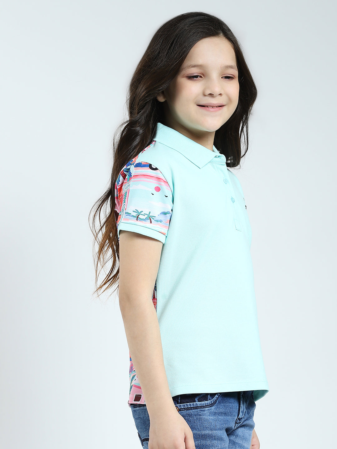 Girls Blue Printed Collar Half Sleeve T-Shirt