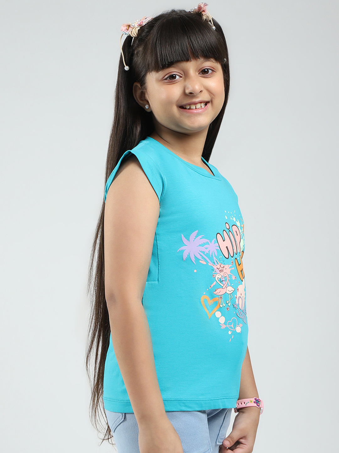 Girls Green Printed Round Neck Half Sleeve Top