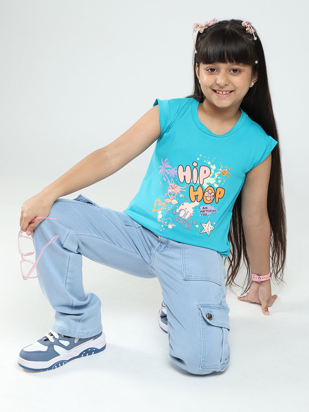 Girls Green Printed Round Neck Half Sleeve Top