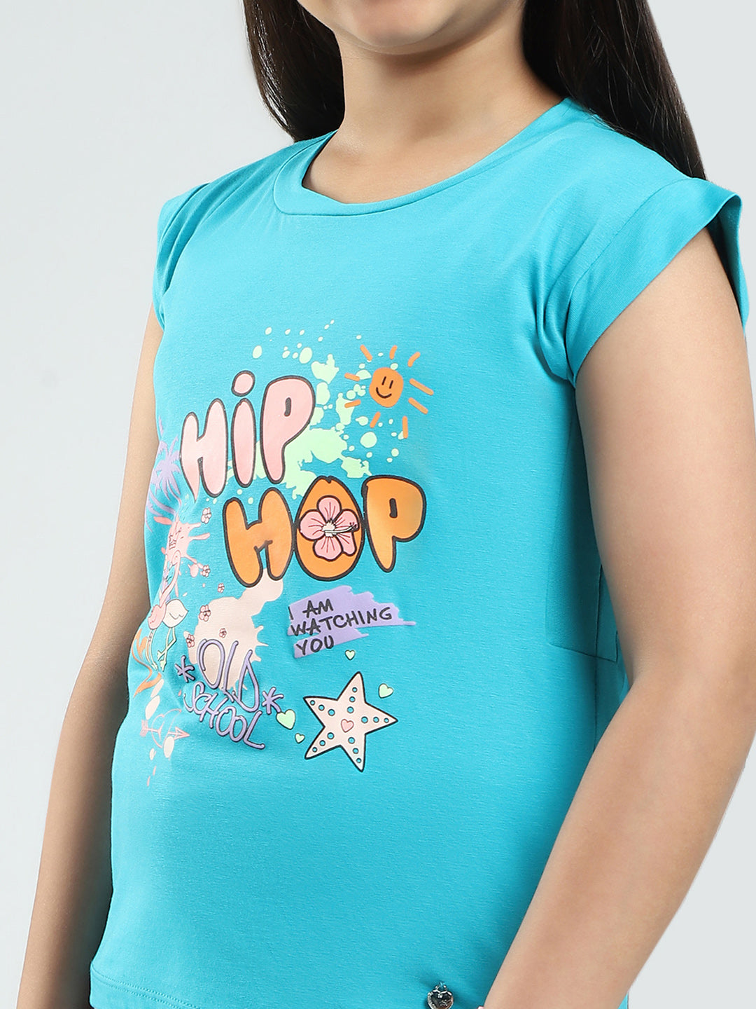 Girls Green Printed Round Neck Half Sleeve Top