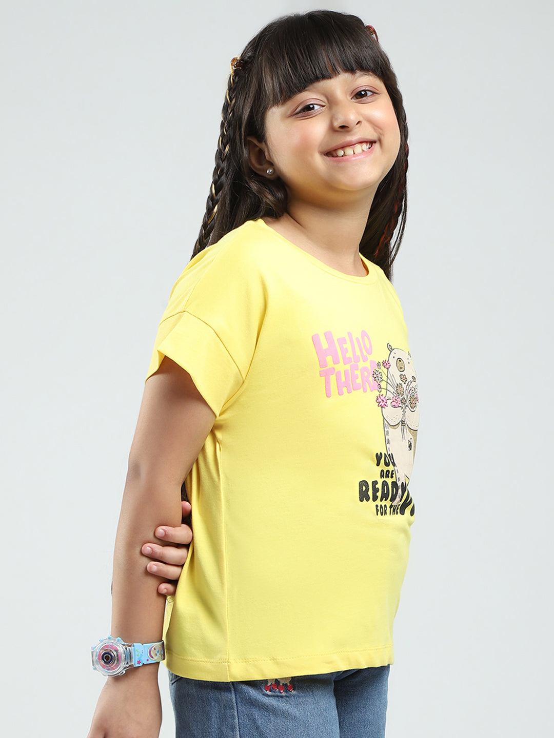 Girls Yellow Printed Round Neck Half Sleeve Top
