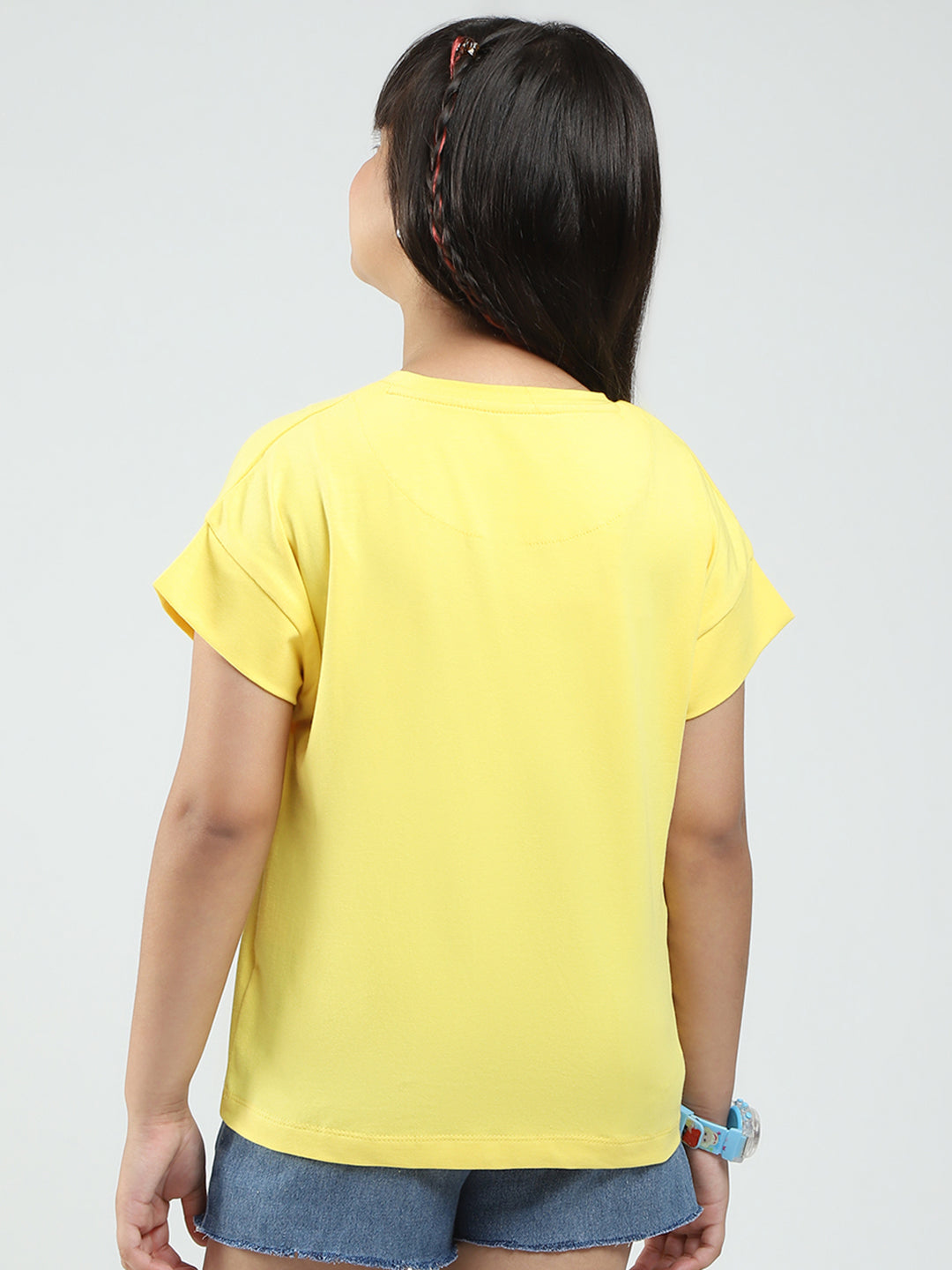 Girls Yellow Printed Round Neck Half Sleeve Top