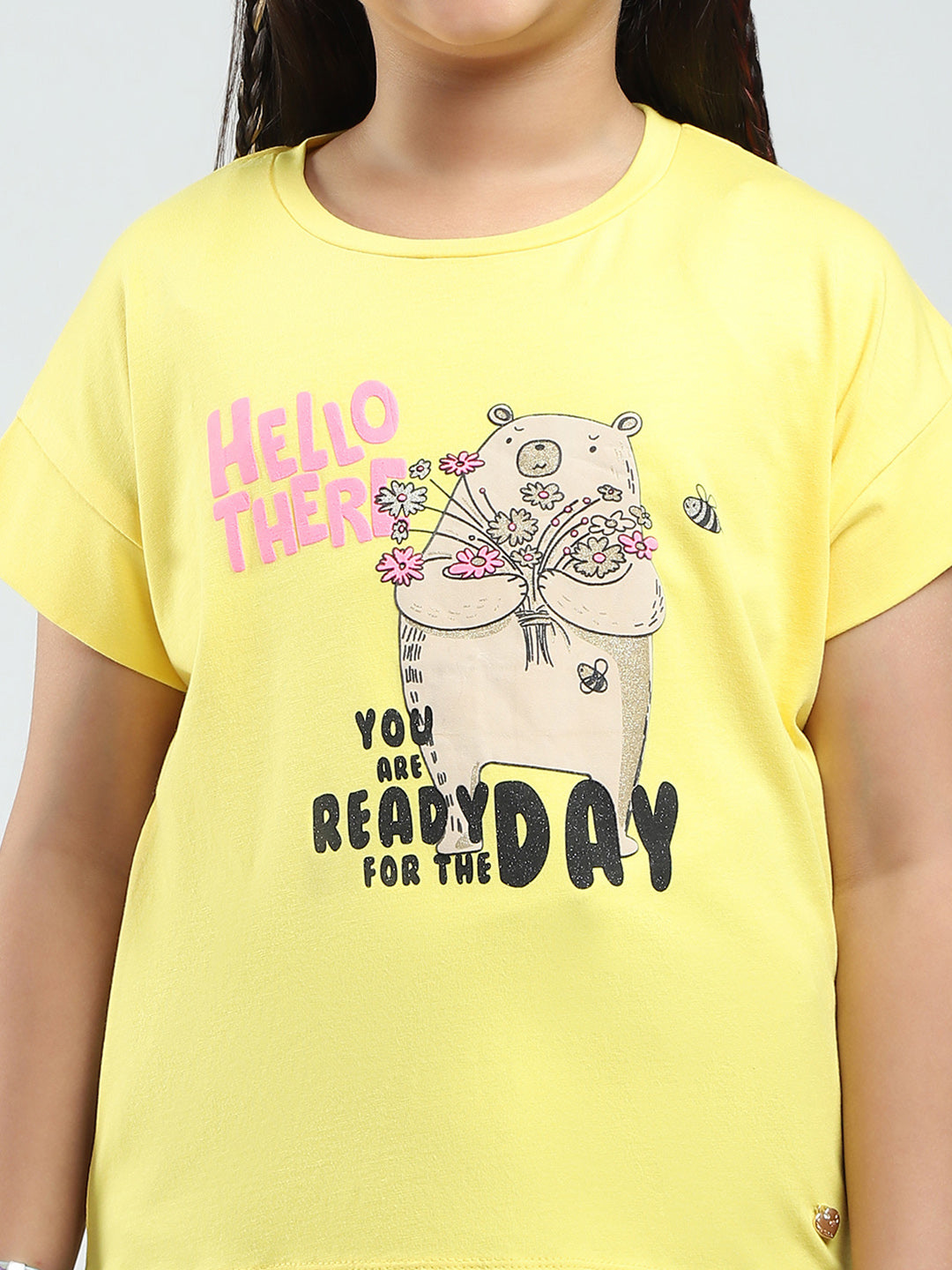 Girls Yellow Printed Round Neck Half Sleeve Top