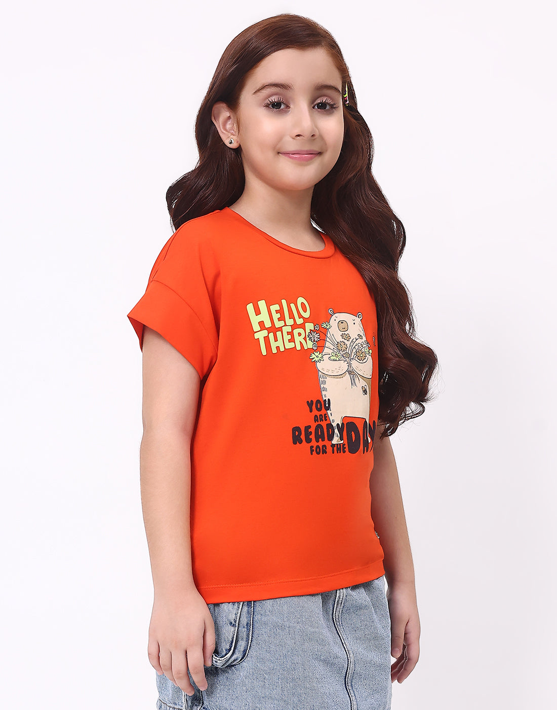 Girls Orange Printed Round Neck Half Sleeve Top