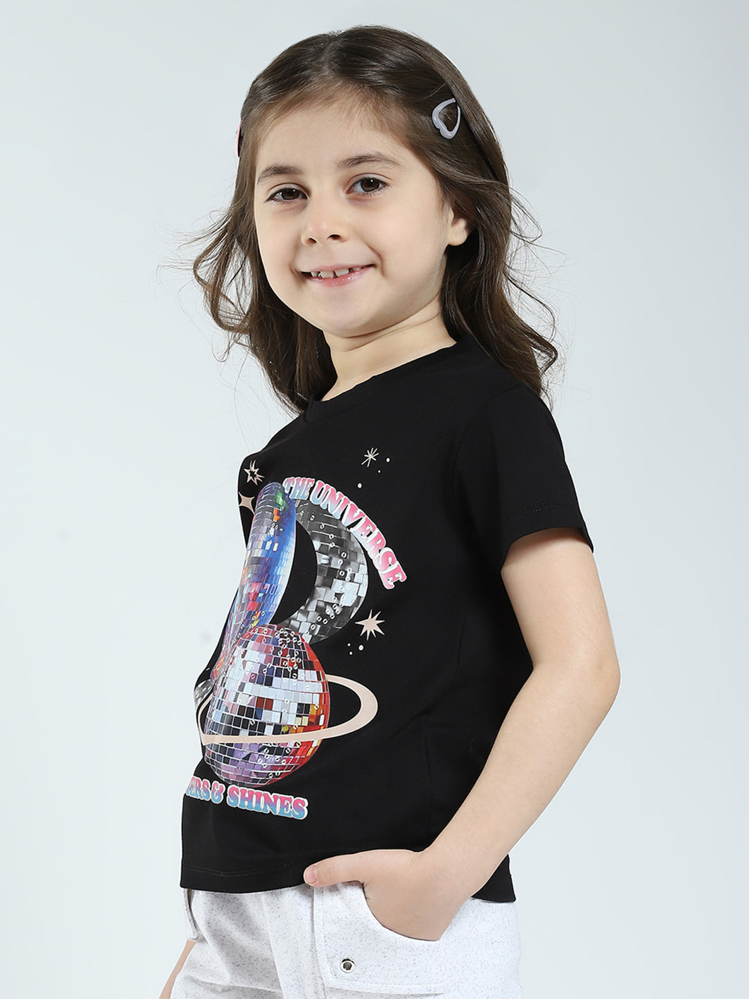 Girls Black Printed Round Neck Half Sleeve Top