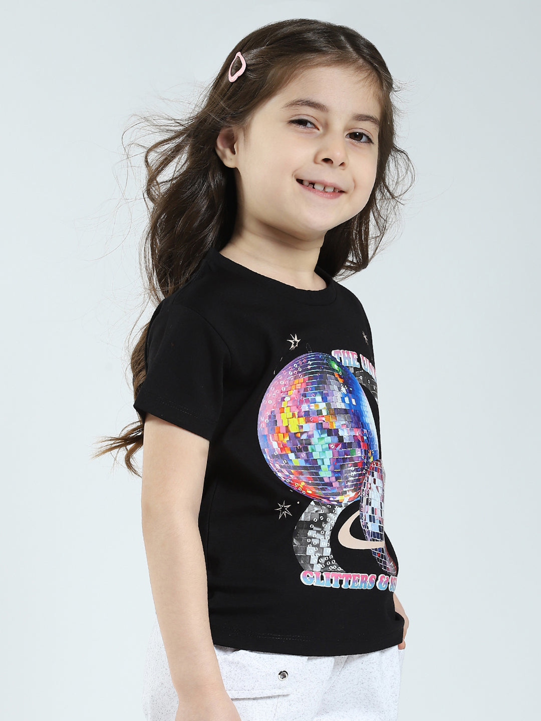 Girls Black Printed Round Neck Half Sleeve Top
