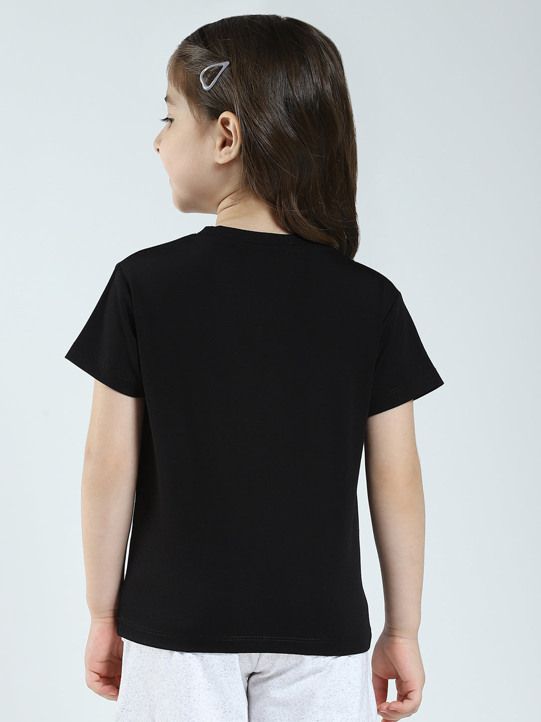 Girls Black Printed Round Neck Half Sleeve Top