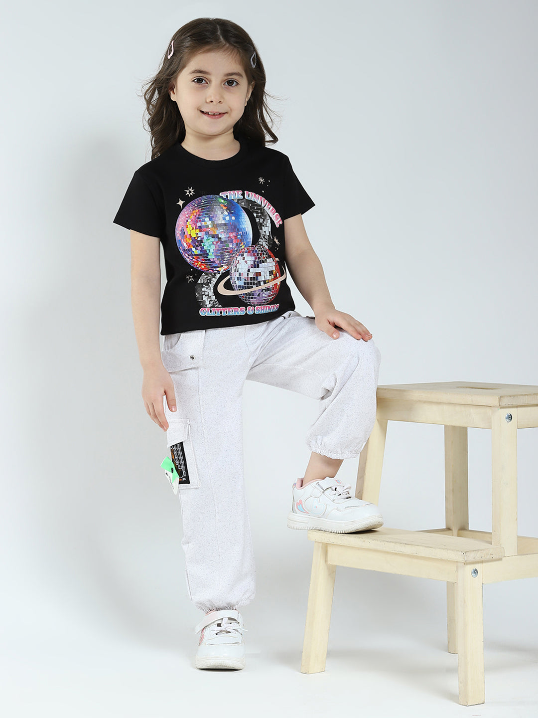 Girls Black Printed Round Neck Half Sleeve Top