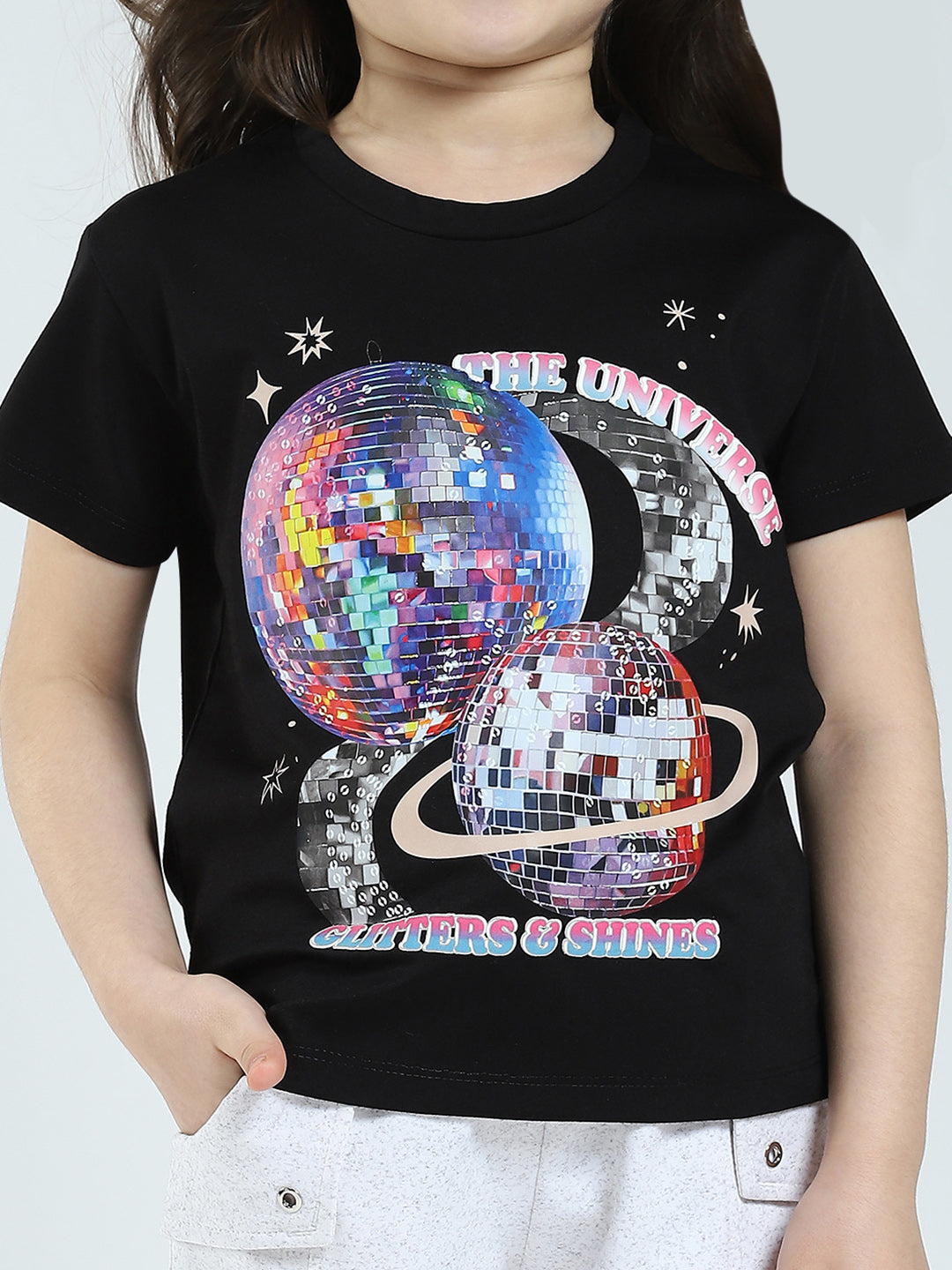 Girls Black Printed Round Neck Half Sleeve Top