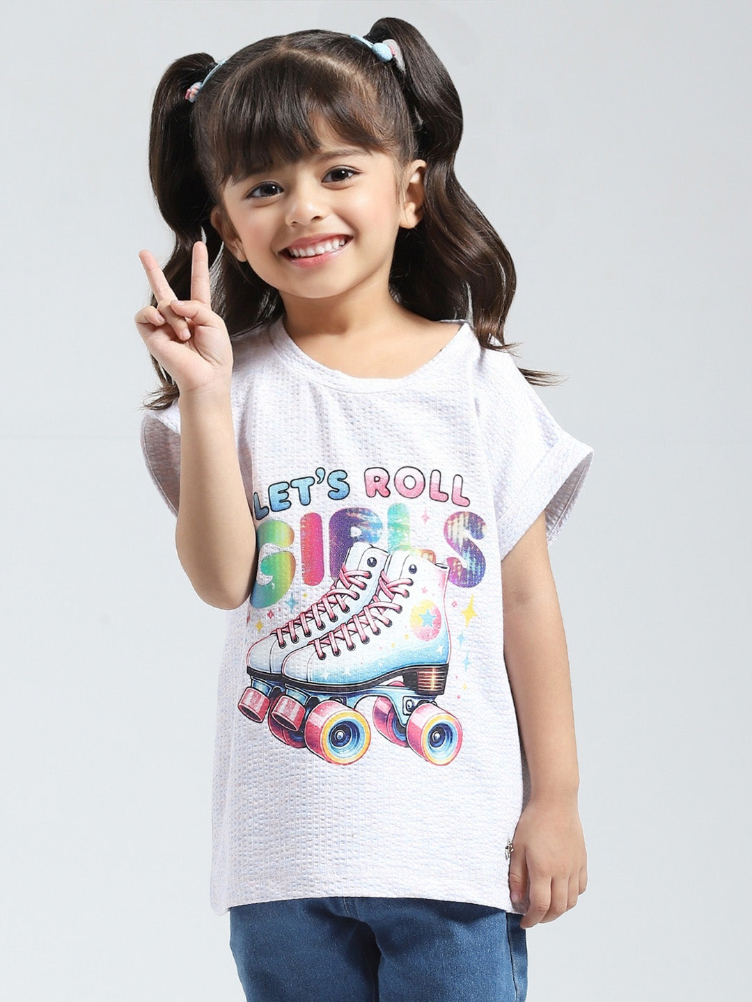 Girls Off White Printed Round Neck Half Sleeve Top