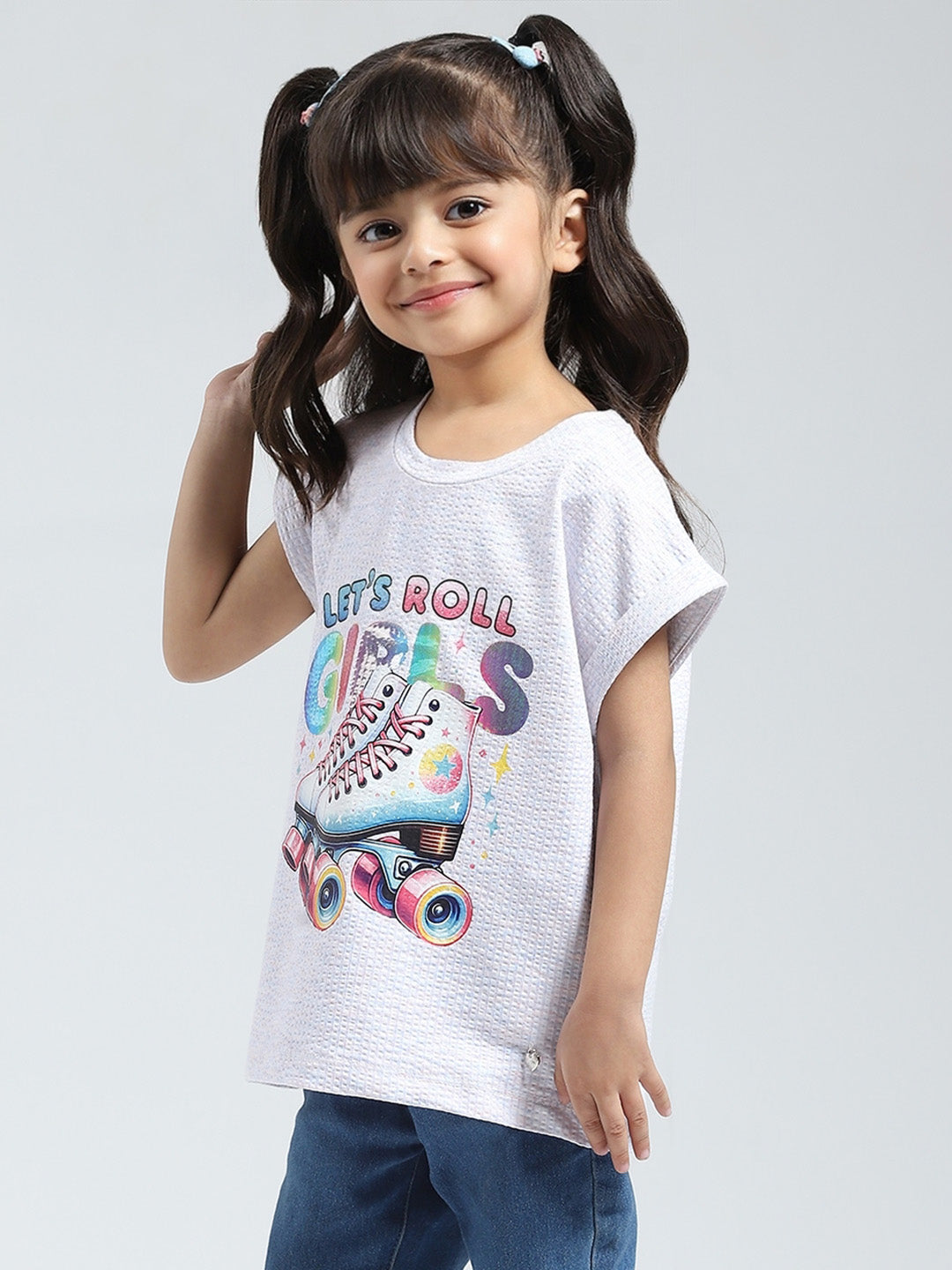 Girls Off White Printed Round Neck Half Sleeve Top