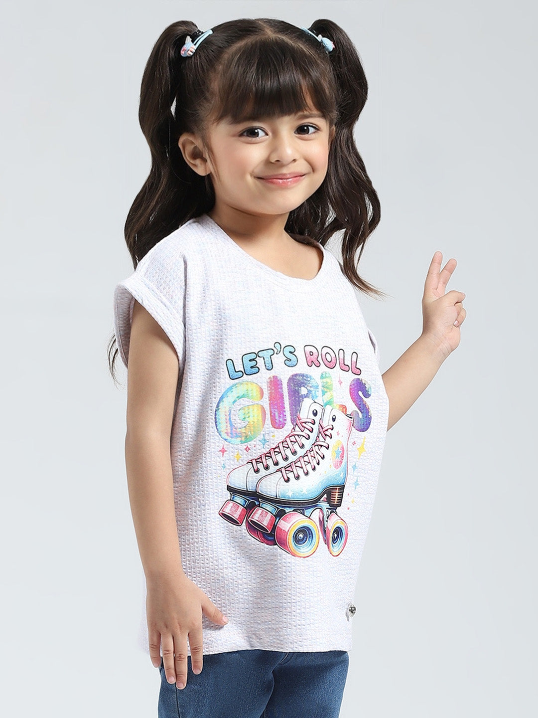 Girls Off White Printed Round Neck Half Sleeve Top