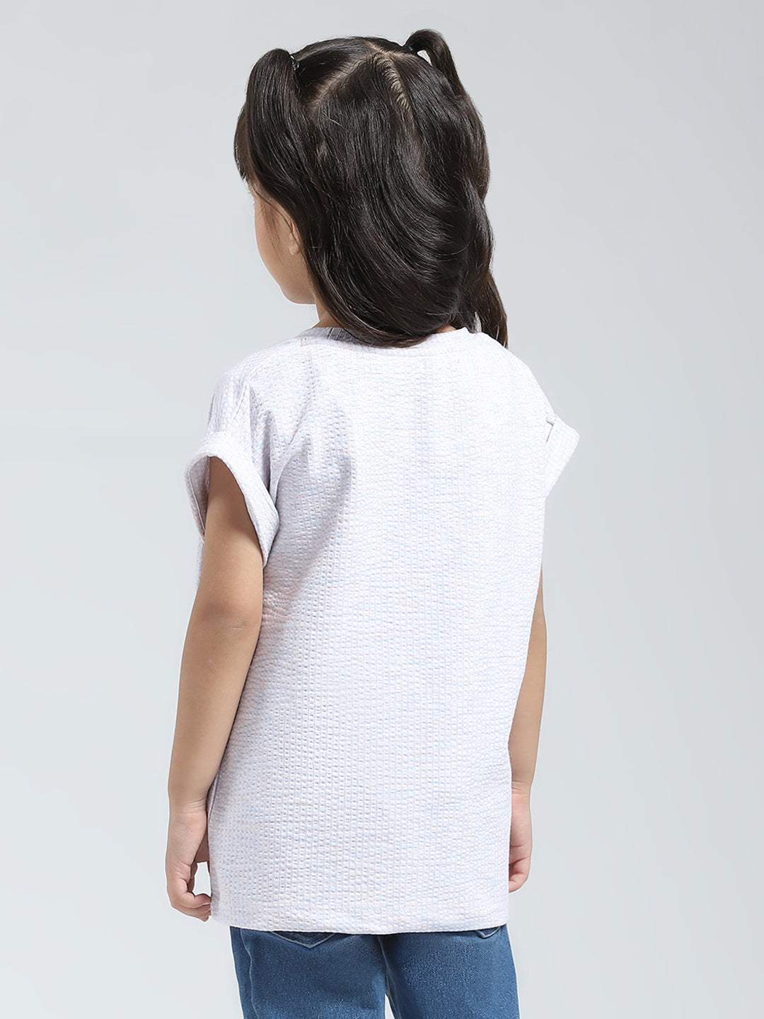 Girls Off White Printed Round Neck Half Sleeve Top