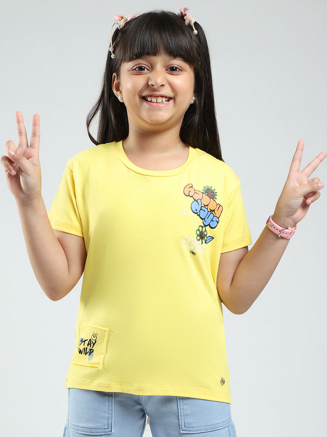 Girls Yellow Printed Round Neck Half Sleeve Top