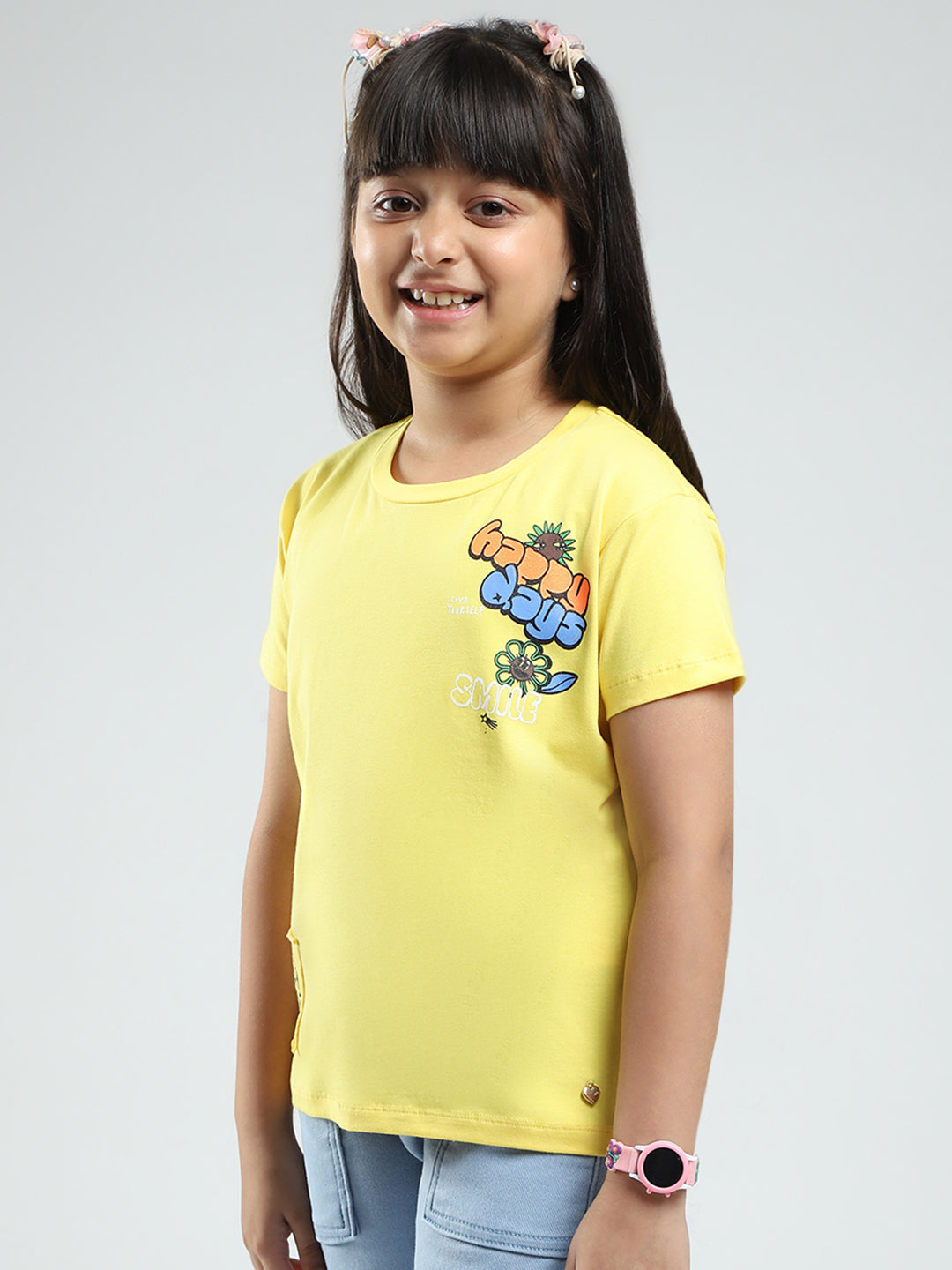 Girls Yellow Printed Round Neck Half Sleeve Top