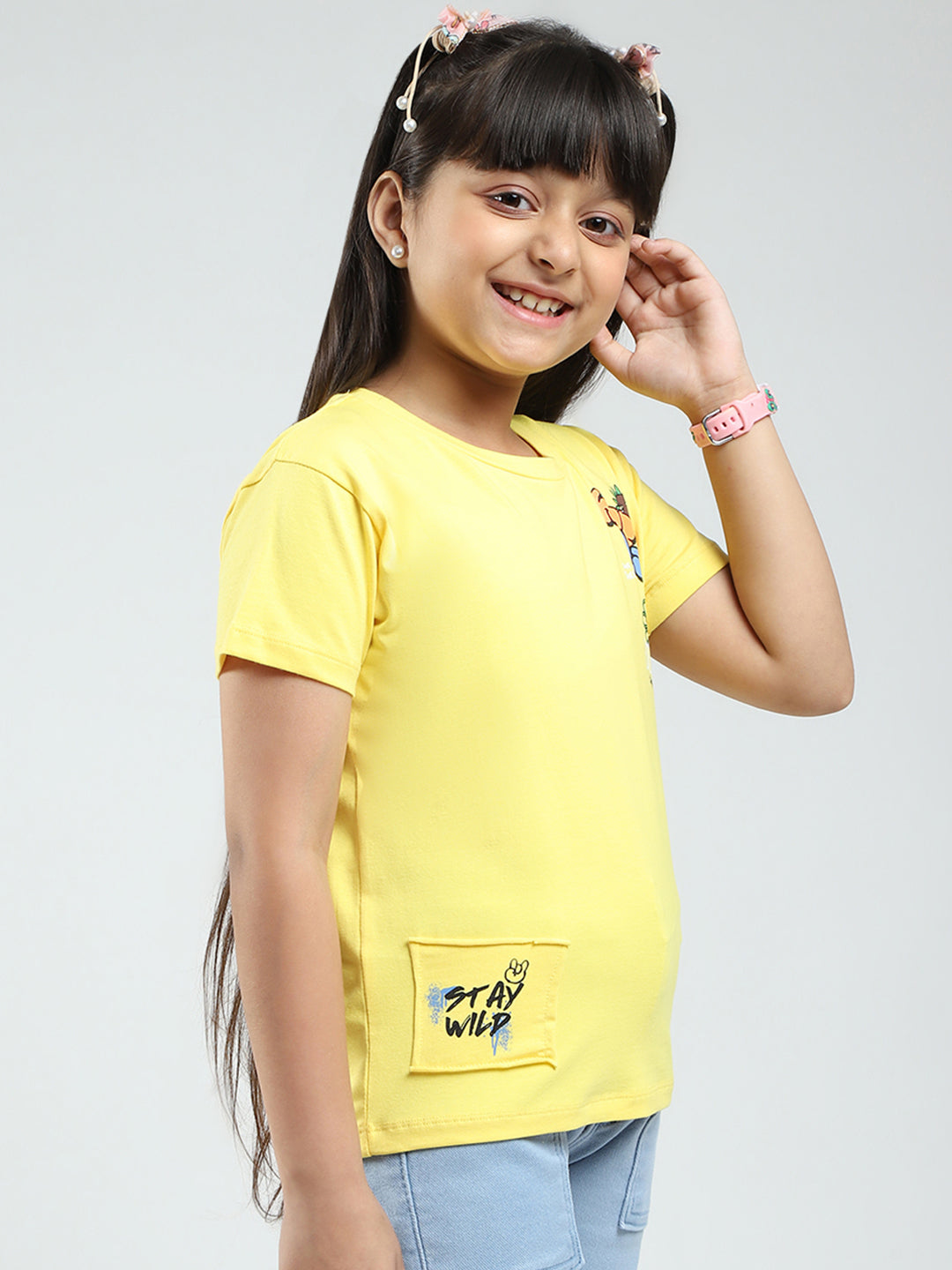 Girls Yellow Printed Round Neck Half Sleeve Top