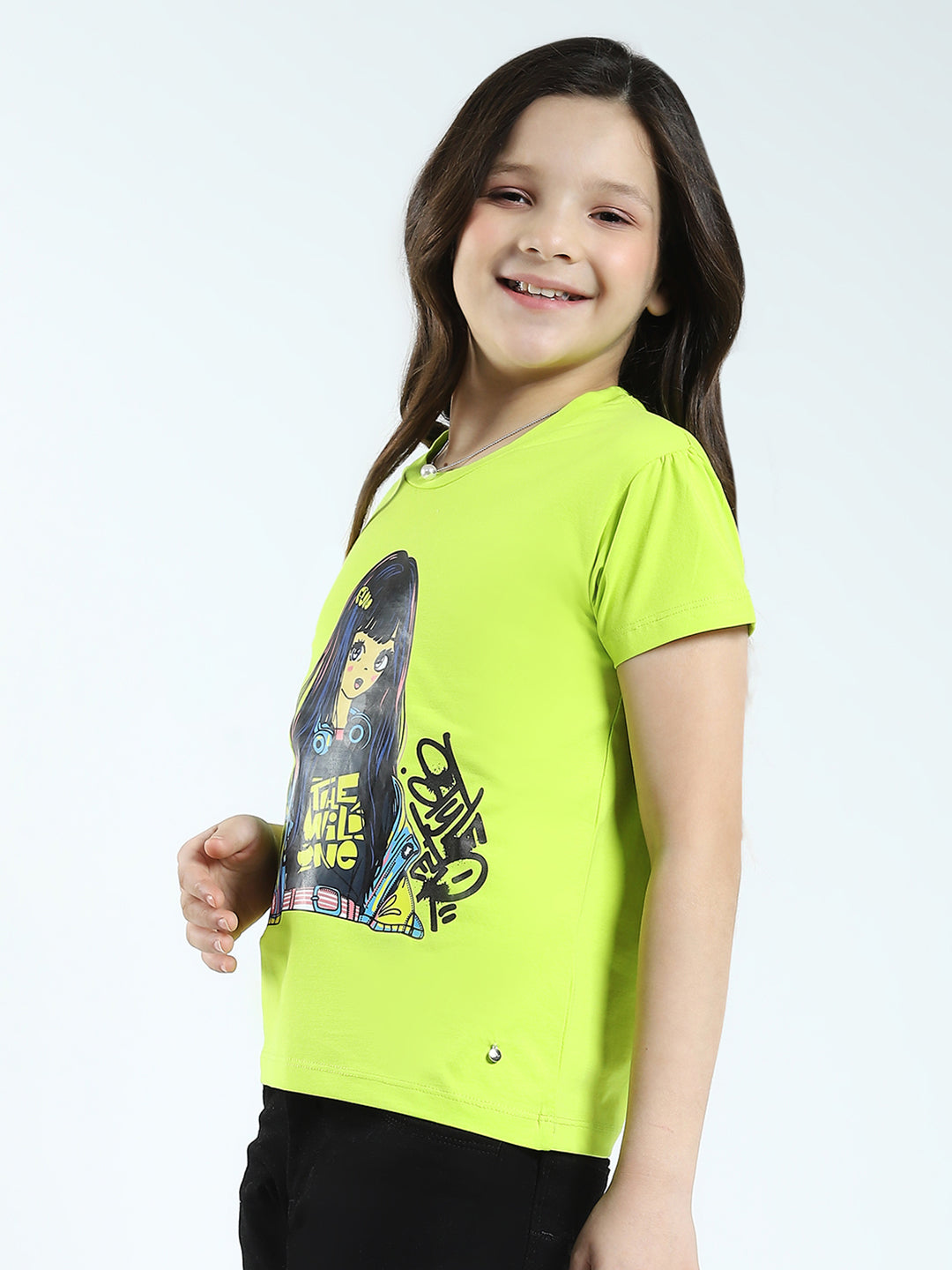 Girls Green Printed Round Neck Half Sleeve Top