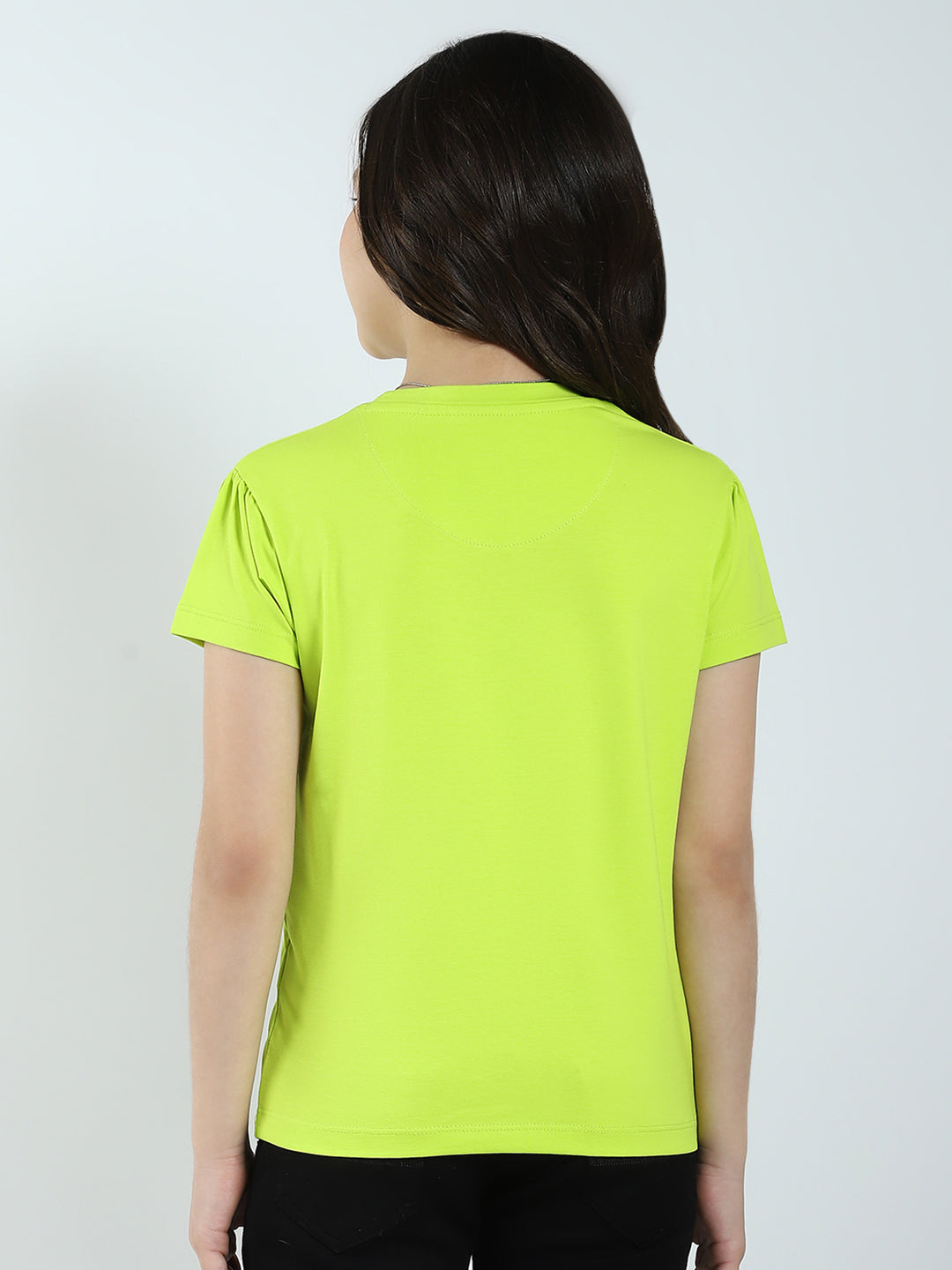 Girls Green Printed Round Neck Half Sleeve Top