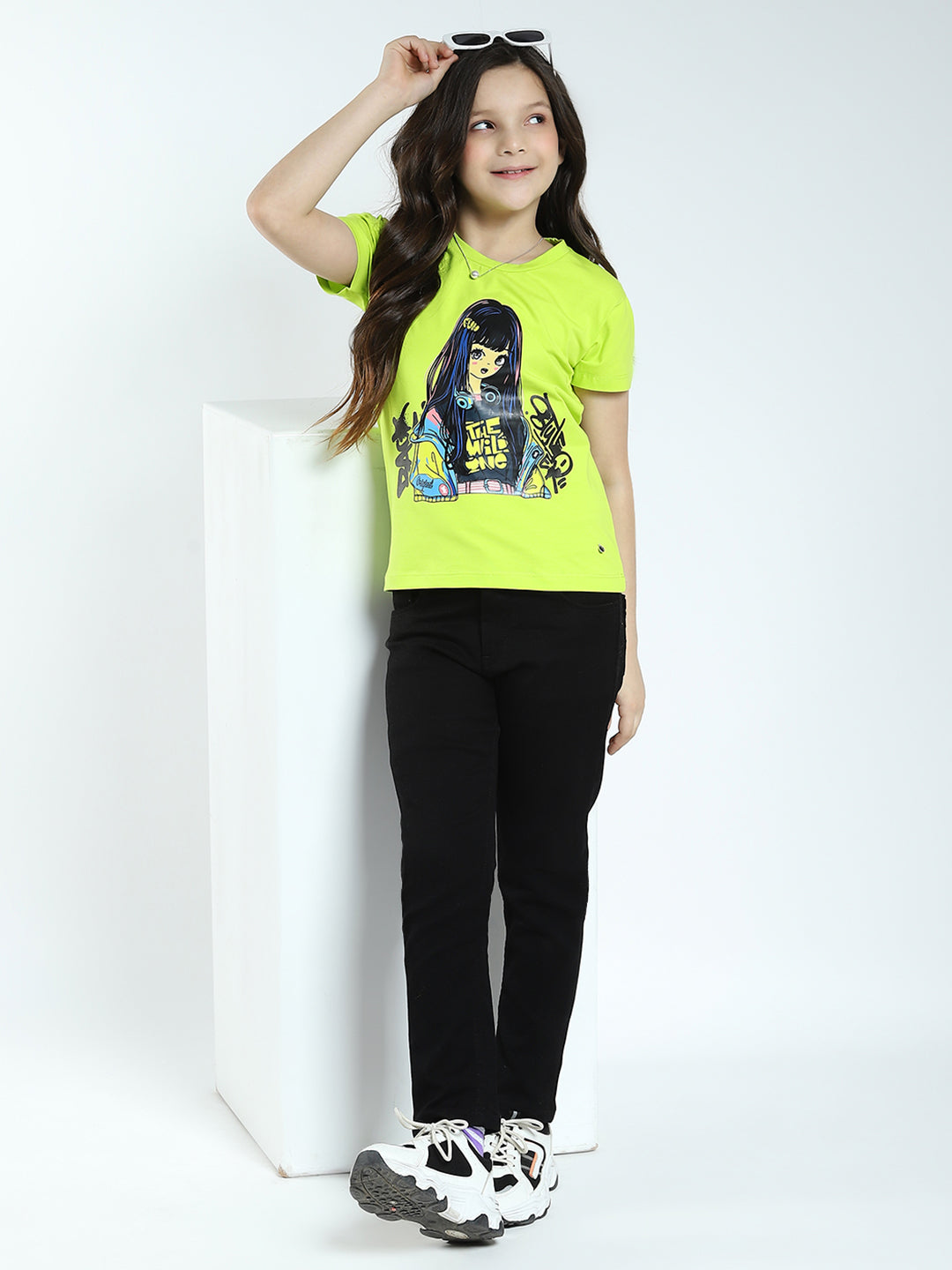 Girls Green Printed Round Neck Half Sleeve Top