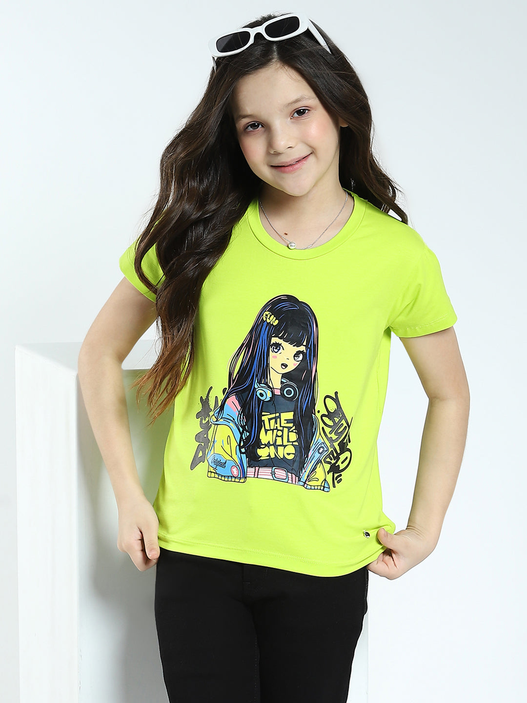 Girls Green Printed Round Neck Half Sleeve Top