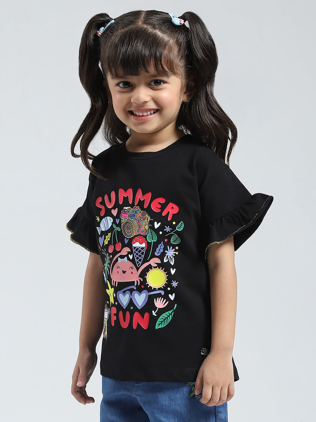 Girls Black Printed Round Neck Half Sleeve Top