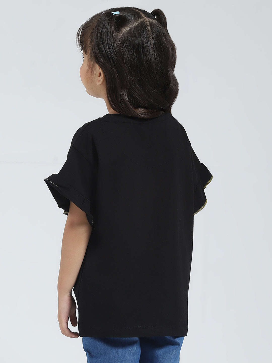 Girls Black Printed Round Neck Half Sleeve Top