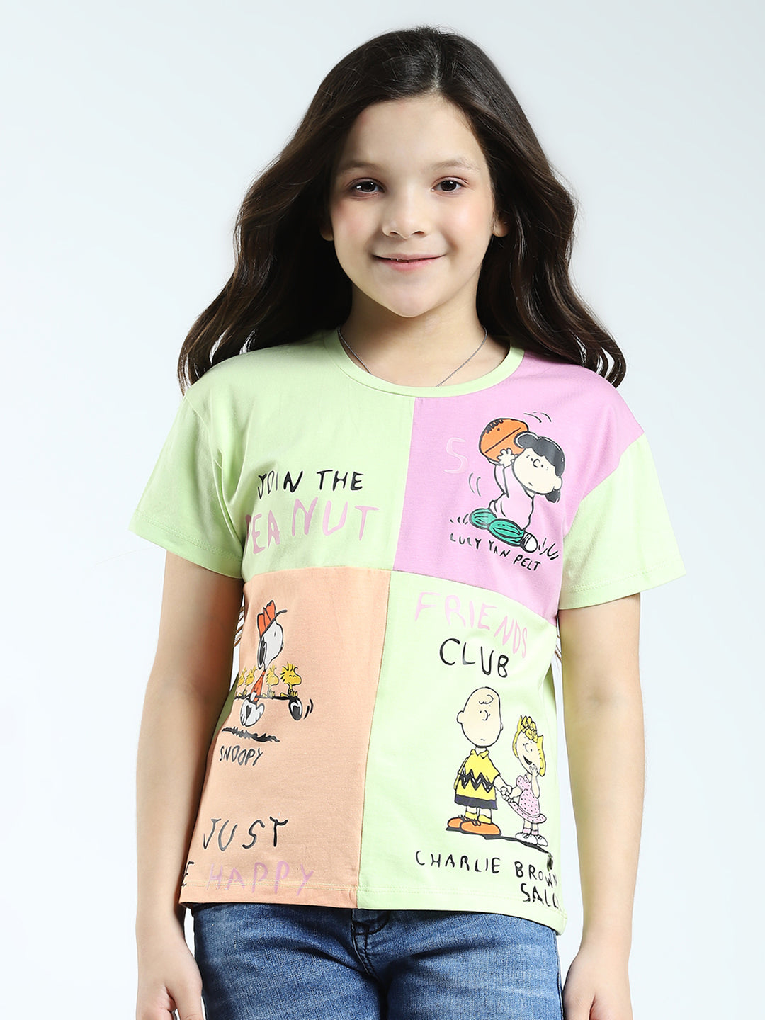 Girls Green Printed Round Neck Half Sleeve Top