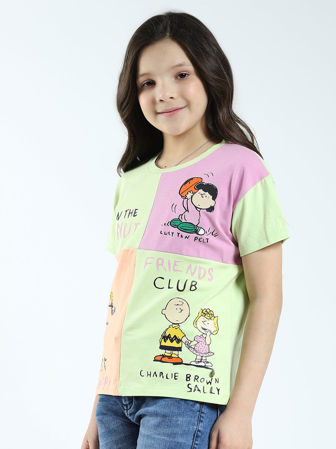 Girls Green Printed Round Neck Half Sleeve Top